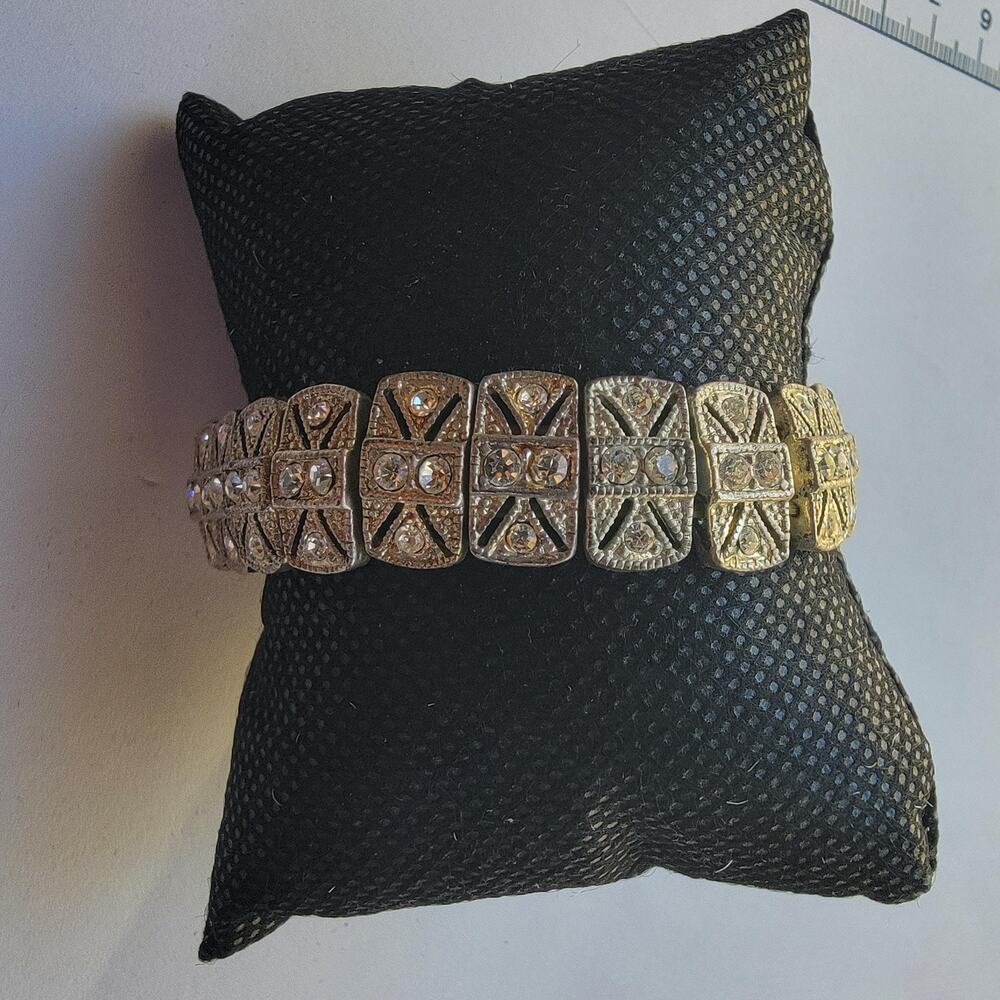 Gold Rhinestone Beaded Bracelet Stretch Rectangular Link Fashion Costume Gift